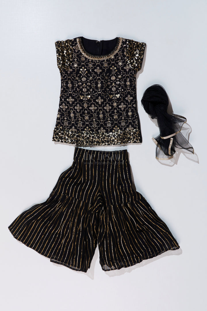 The Nesavu Girls Sharara / Plazo Set Girls Black Kurti Plazo Set with Sequined Embroidery and Tissue Silk Dupatta for Festive Occasions Nesavu Girls Black Kurti Plazo Set Sequined Embroidery Tissue Silk Dupatta Festive Wear | The Nesavu
