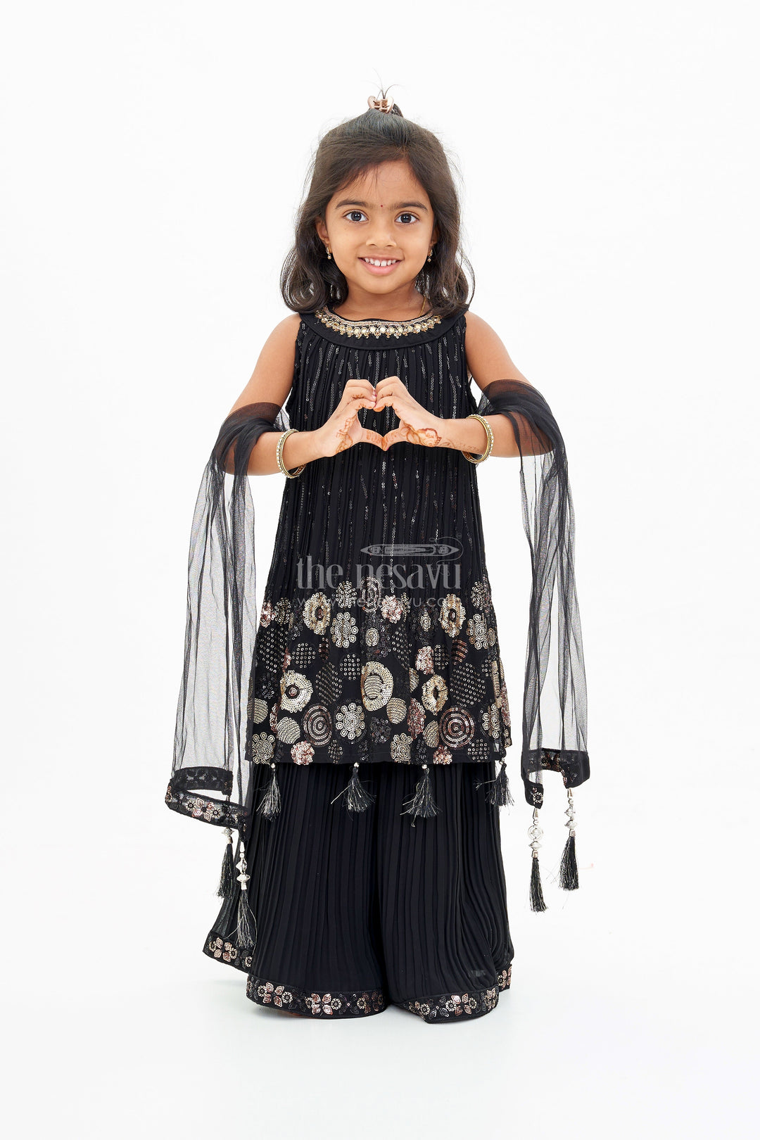 The Nesavu Girls Sharara / Plazo Set Girls Black Kurti with Plazo Featuring Gold Embroidery and Tassel Details Nesavu 16 (1Y) / Black GPS503A-16 Girls Black Kurti Plazo Featuring Gold Embroidery Tassel Details | The Nesavu