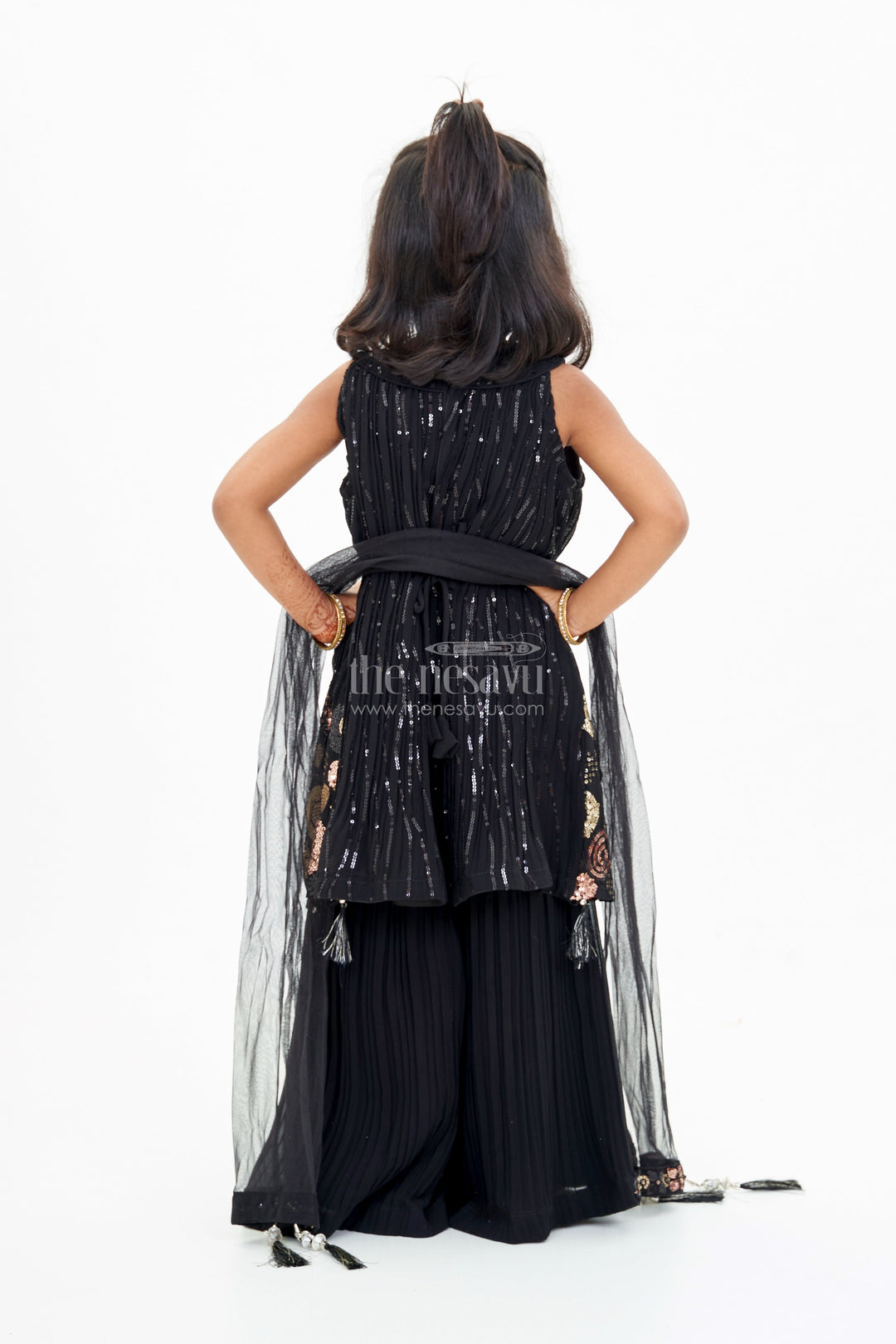 The Nesavu Girls Sharara / Plazo Set Girls Black Kurti with Plazo Featuring Gold Embroidery and Tassel Details Nesavu Girls Black Kurti Plazo Featuring Gold Embroidery Tassel Details | The Nesavu