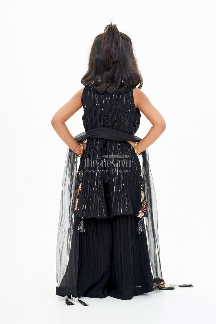 The Nesavu Girls Sharara / Plazo Set Girls Black Kurti with Plazo Featuring Gold Embroidery and Tassel Details Nesavu Girls Black Kurti Plazo Featuring Gold Embroidery Tassel Details | The Nesavu