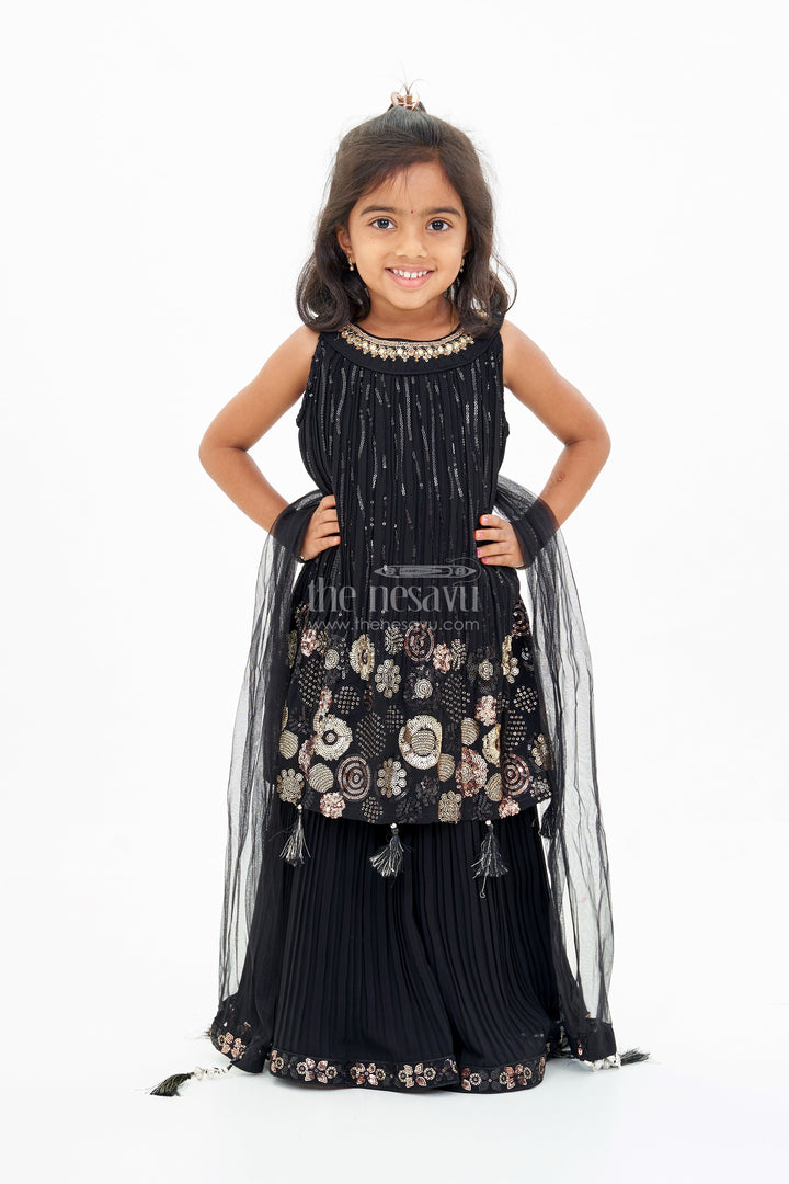 The Nesavu Girls Sharara / Plazo Set Girls Black Kurti with Plazo Featuring Gold Embroidery and Tassel Details Nesavu Girls Black Kurti Plazo Featuring Gold Embroidery Tassel Details | The Nesavu