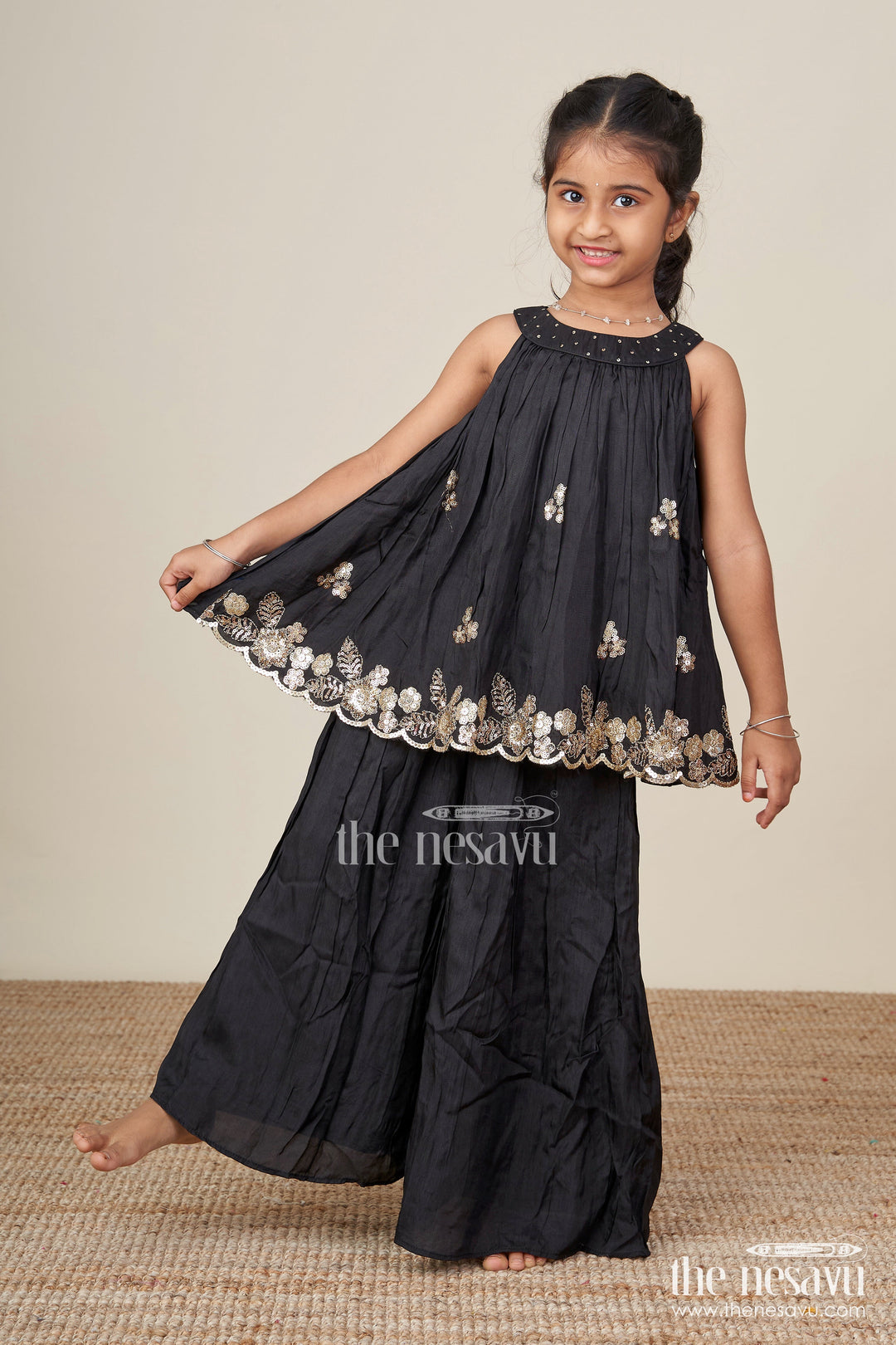 The Nesavu Girls Sharara / Plazo Set Girls Black Muslin Silk Sharara Set with Embroidered Kurti for Festive Wear Nesavu 16 (1Y) / Black GPS475D-16 Nesavu girls black muslin silk sharara set embroidered kurti festive occasions