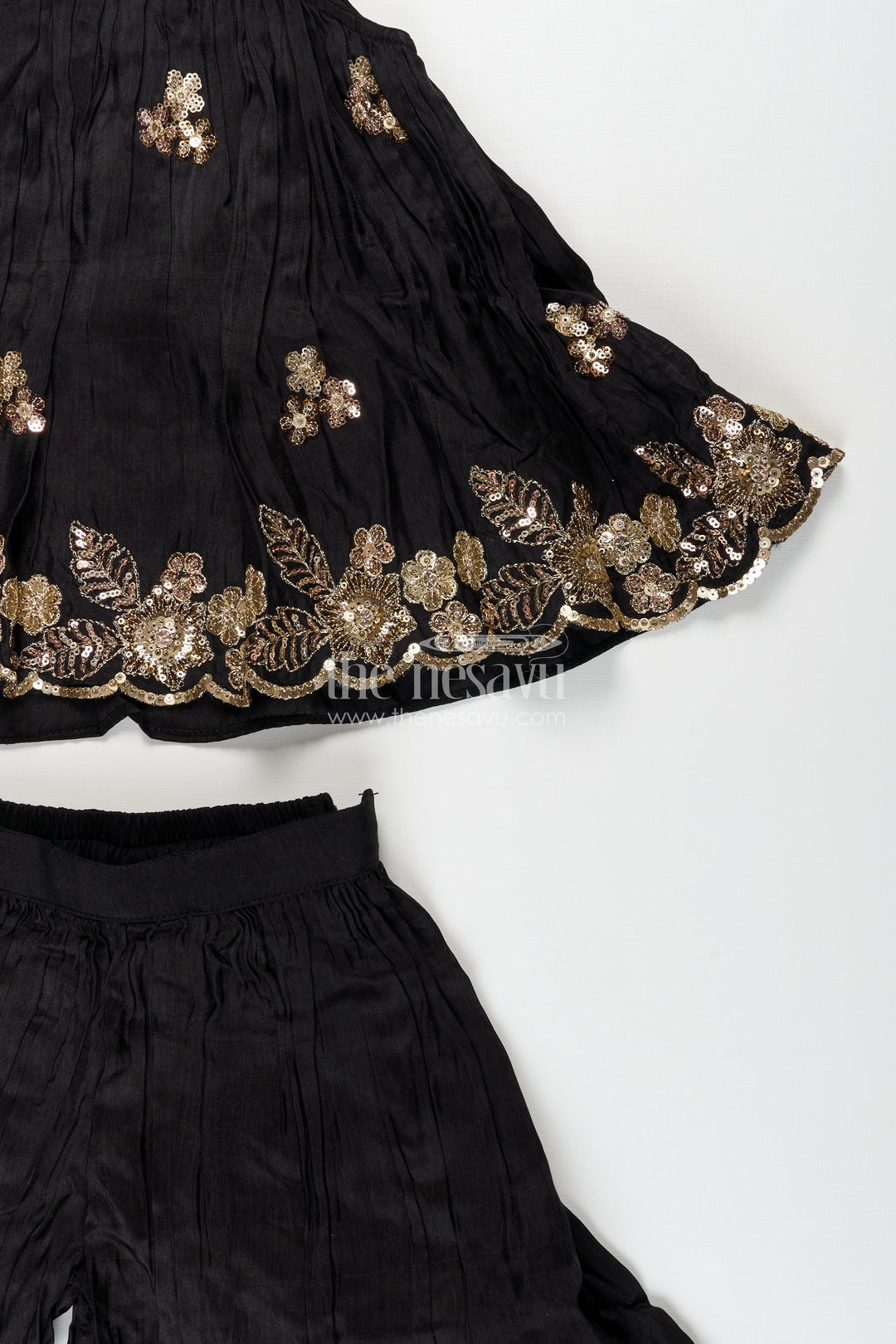 The Nesavu Girls Sharara / Plazo Set Girls black muslin silk sharara set with embroidered kurti for festive wear Nesavu Nesavu girls black muslin silk sharara set embroidered kurti festive occasions