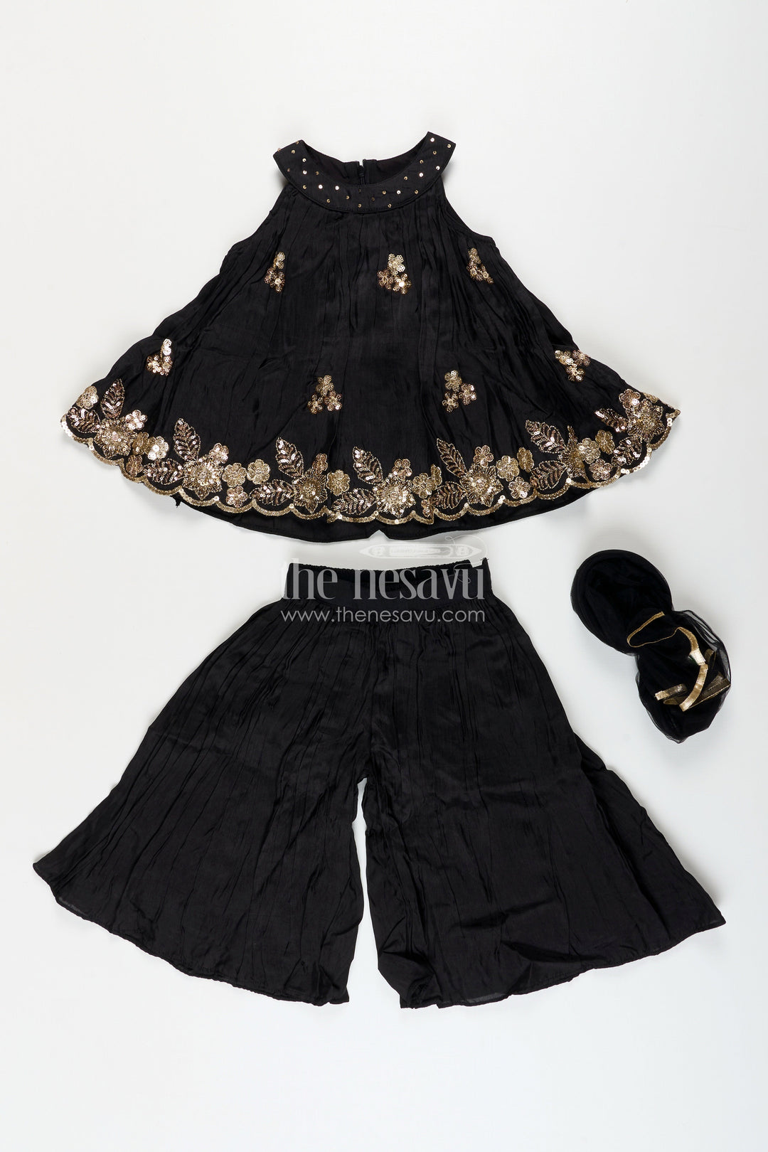 The Nesavu Girls Sharara / Plazo Set Girls Black Muslin Silk Sharara Set with Embroidered Kurti for Festive Wear Nesavu Nesavu girls black muslin silk sharara set embroidered kurti festive occasions