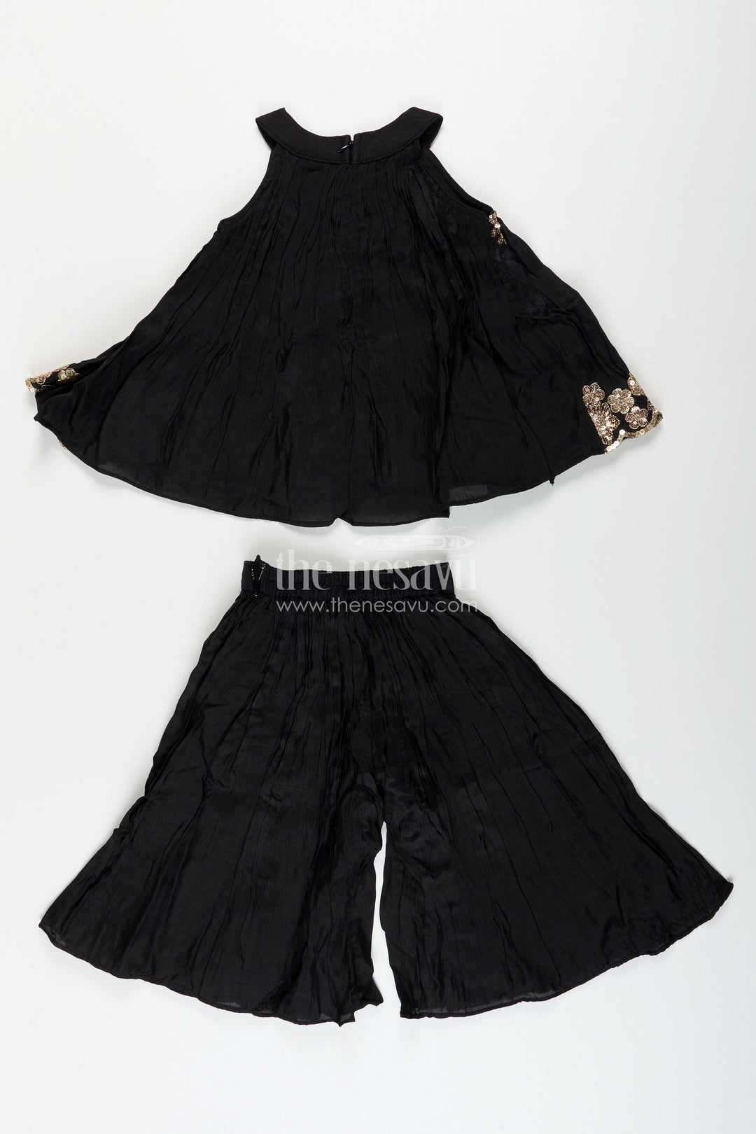 The Nesavu Girls Sharara / Plazo Set Girls Black Muslin Silk Sharara Set with Embroidered Kurti for Festive Wear Nesavu Nesavu girls black muslin silk sharara set embroidered kurti festive occasions