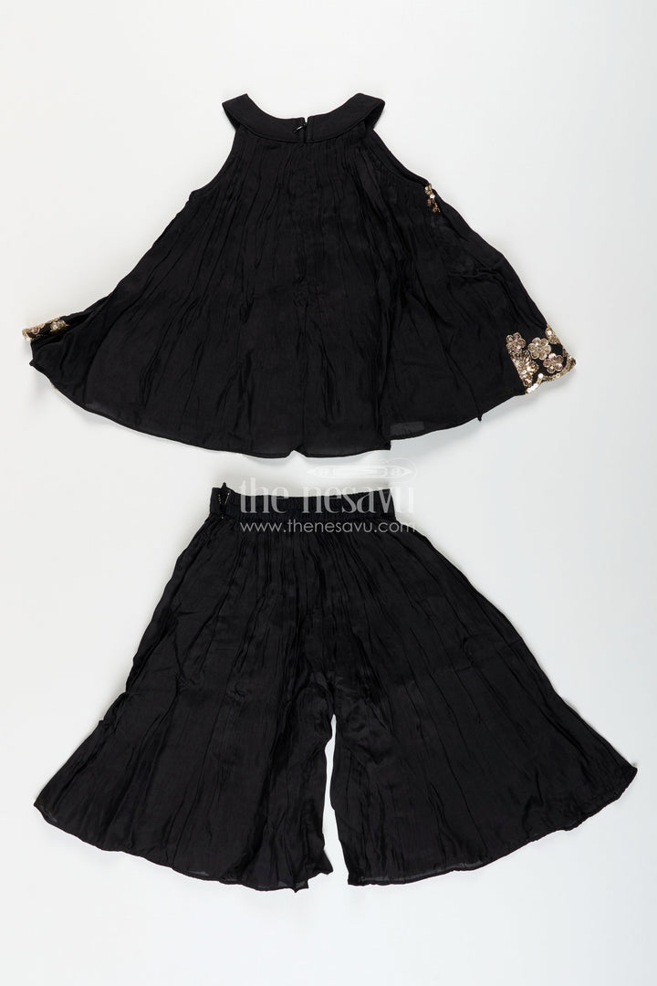 The Nesavu Girls Sharara / Plazo Set Girls Black Muslin Silk Sharara Set with Embroidered Kurti for Festive Wear Nesavu Nesavu girls black muslin silk sharara set embroidered kurti festive occasions