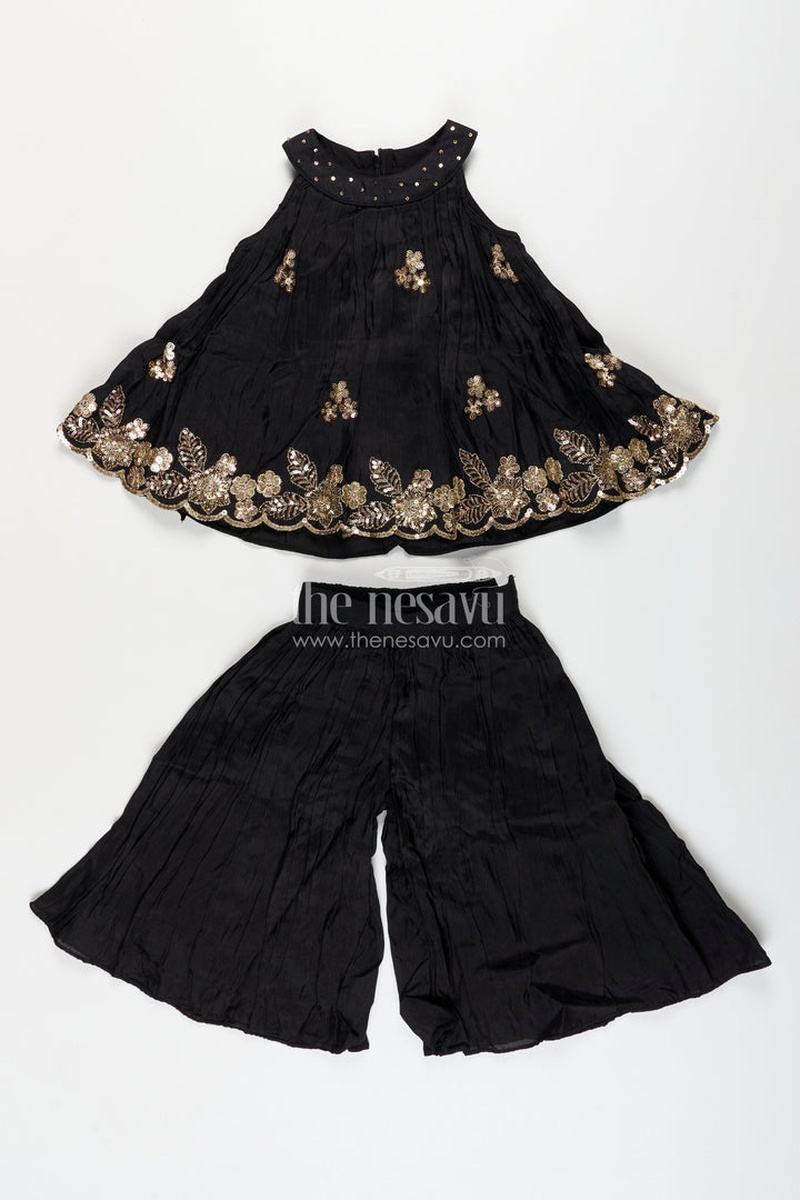 The Nesavu Girls Sharara / Plazo Set Girls Black Muslin Silk Sharara Set with Embroidered Kurti for Festive Wear Nesavu Nesavu girls black muslin silk sharara set embroidered kurti festive occasions