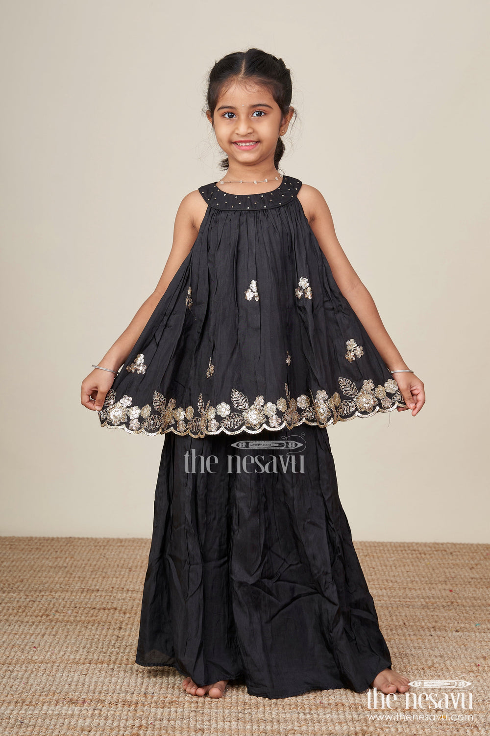 The Nesavu Girls Sharara / Plazo Set Girls Black Muslin Silk Sharara Set with Embroidered Kurti for Festive Wear Nesavu Nesavu girls black muslin silk sharara set embroidered kurti festive occasions