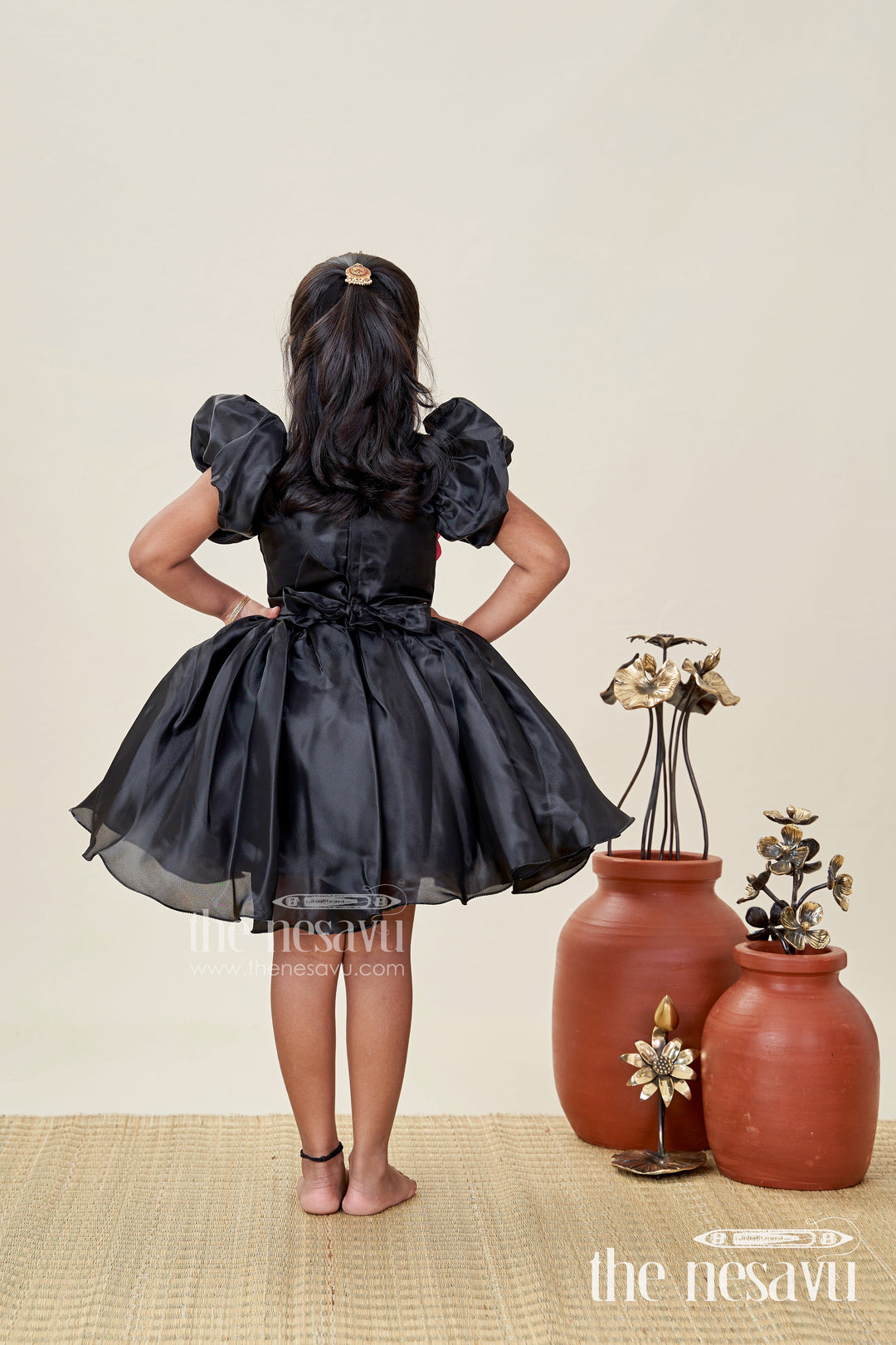 The Nesavu Girls Fancy Party Frock Girls Black Satin Frock Ke Design New with Puffy Sleeves and Red Floral Accent for Stylish Comfort Nesavu Nesavu Girls Black Satin Puff Sleeve Dress Red Flower Detail frock ke design new Style