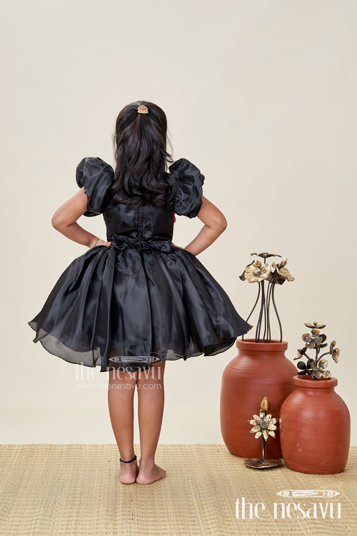 The Nesavu Girls Fancy Party Frock Girls Black Satin Frock Ke Design New with Puffy Sleeves and Red Floral Accent for Stylish Comfort Nesavu Nesavu Girls Black Satin Puff Sleeve Dress Red Flower Detail frock ke design new Style