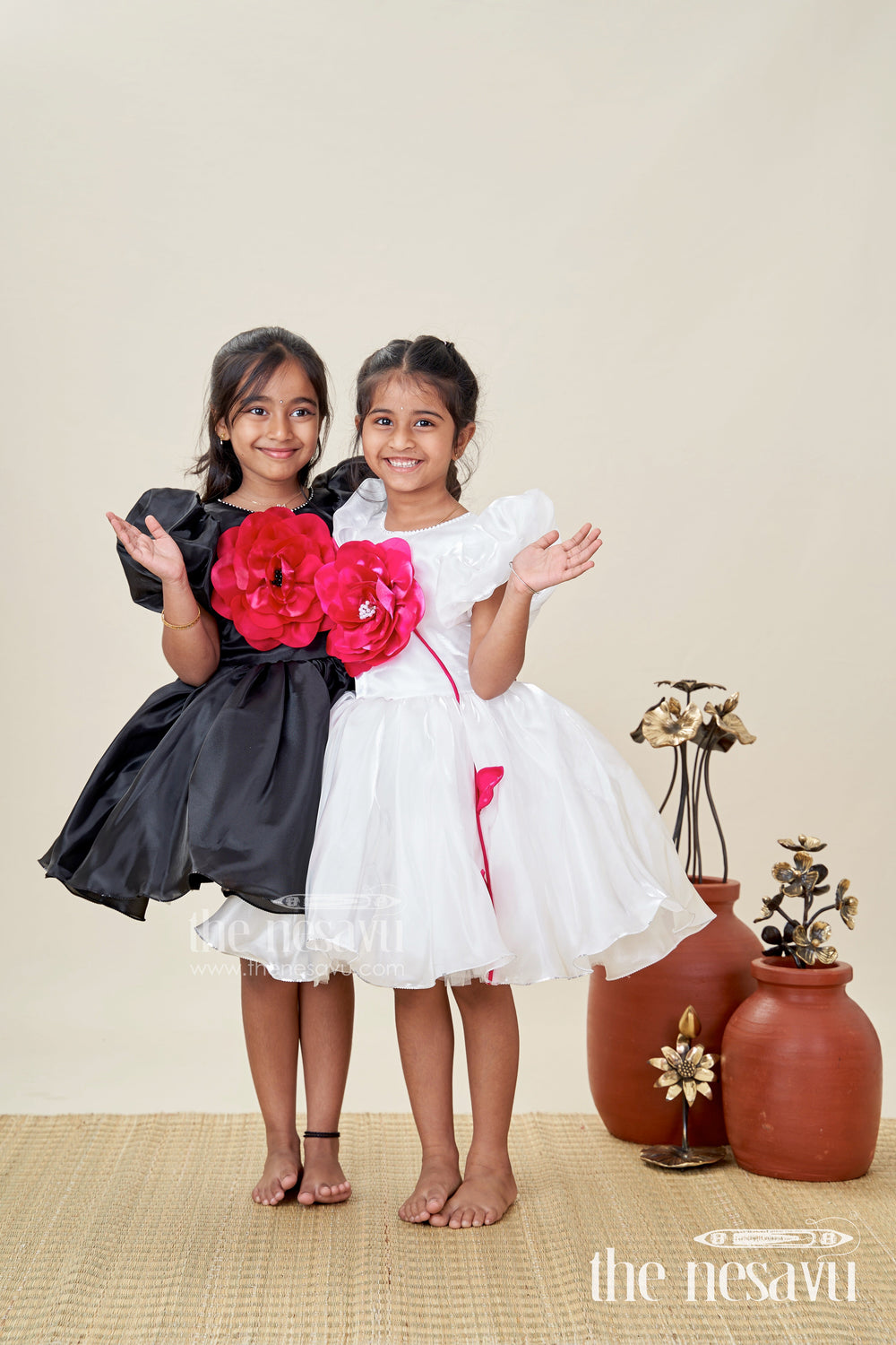 The Nesavu Girls Fancy Party Frock Girls Black Satin Frock Ke Design New with Puffy Sleeves and Red Floral Accent for Stylish Comfort Nesavu Nesavu Girls Black Satin Puff Sleeve Dress Red Flower Detail frock ke design new Style