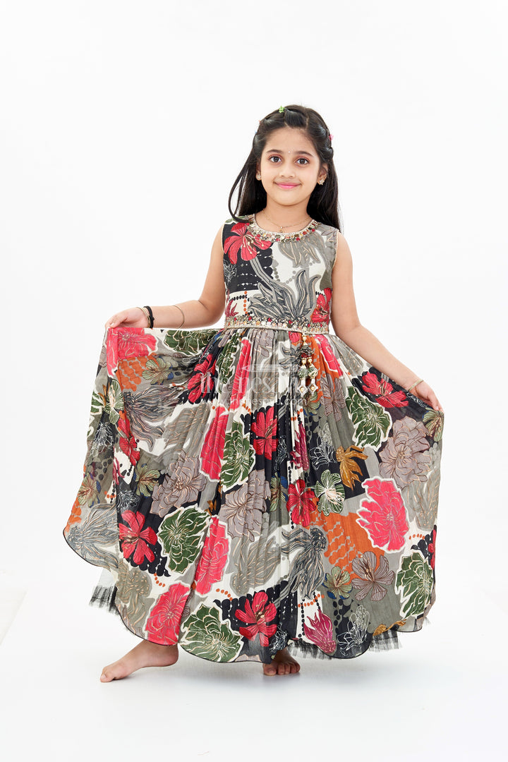 The Nesavu Girls Silk Gown Girls Black Sequin Evening Gown with Digital Floral Print and Embroidered Waist Belt Nesavu 24 (5Y) / Black GA296A-24 Girls Black Sequin Evening Gown Floral Digital Print Embellished Waist Belt | The Nesavu
