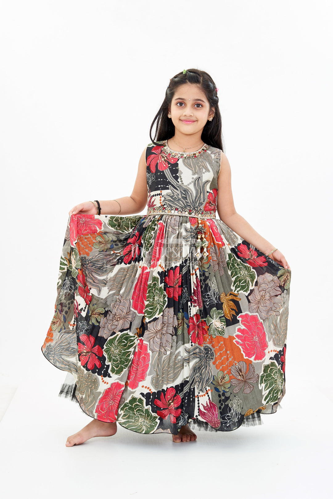 The Nesavu Girls Silk Gown Girls Black Sequin Evening Gown with Digital Floral Print and Embroidered Waist Belt Nesavu 24 (5Y) / Black GA296A-24 Nesavu Girls Black Sequin Evening Gown Floral Digital Print Embellished Waist Belt