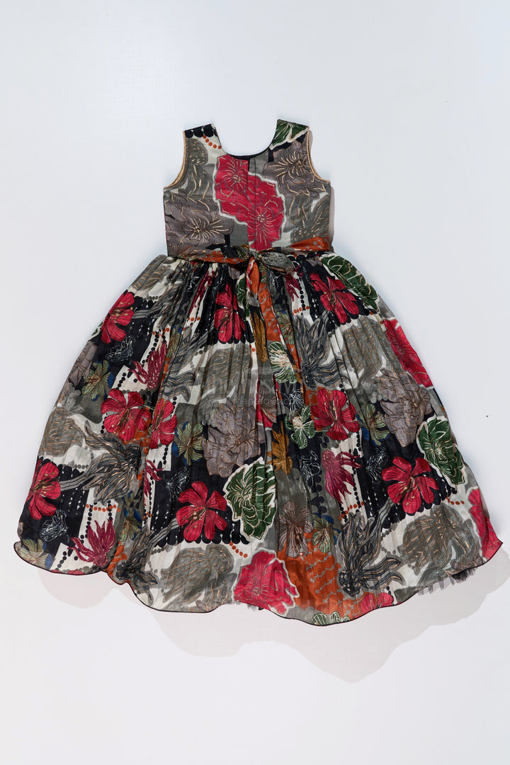 The Nesavu Girls Silk Gown Girls Black Sequin Evening Gown with Digital Floral Print and Embroidered Waist Belt Nesavu Girls Black Sequin Evening Gown Floral Digital Print Embellished Waist Belt | The Nesavu