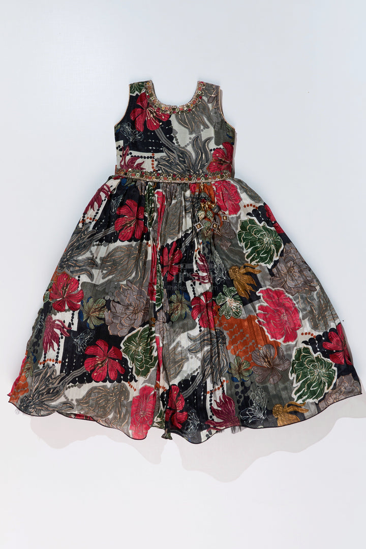The Nesavu Girls Silk Gown Girls Black Sequin Evening Gown with Digital Floral Print and Embroidered Waist Belt Nesavu Girls Black Sequin Evening Gown Floral Digital Print Embellished Waist Belt | The Nesavu