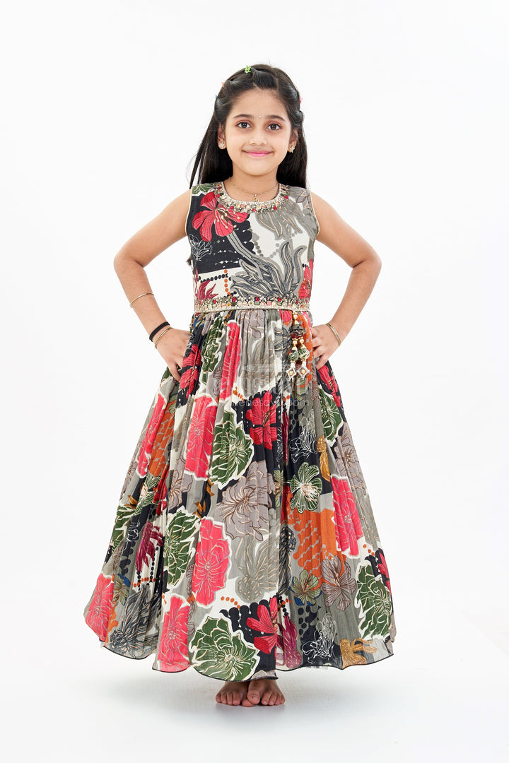 The Nesavu Girls Silk Gown Girls Black Sequin Evening Gown with Digital Floral Print and Embroidered Waist Belt Nesavu Girls Black Sequin Evening Gown Floral Digital Print Embellished Waist Belt | The Nesavu