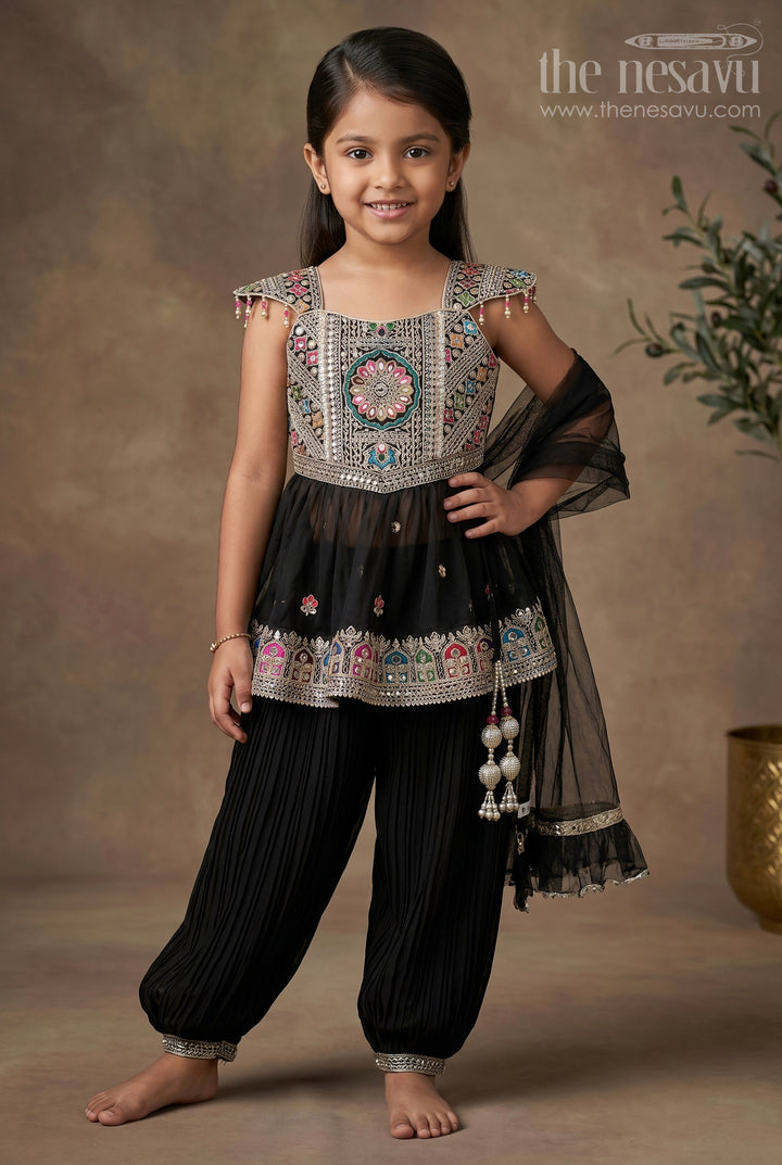 The Nesavu Girls Churidar Sets Girls Black Suit Set with Dupatta in Georgette Featuring Multicolor Thread Embroidery and Sequin Accents Nesavu 16 (1Y) / Black GPS561A-16 Girls Black Suit Set Dupatta Georgette Colorful Embroidery Mirror Accents | The Nesavu