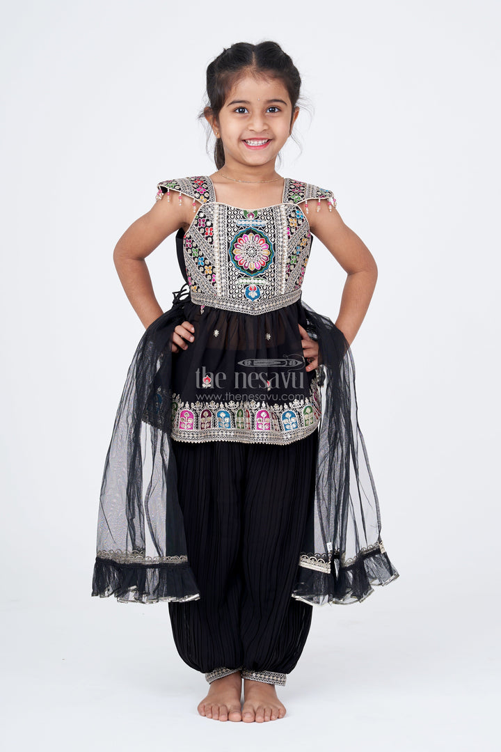 The Nesavu Girls Churidar Sets Girls Black Suit Set with Dupatta in Georgette Featuring Multicolor Thread Embroidery and Sequin Accents Nesavu Girls Black Suit Set Dupatta Georgette Colorful Embroidery Mirror Accents | The Nesavu