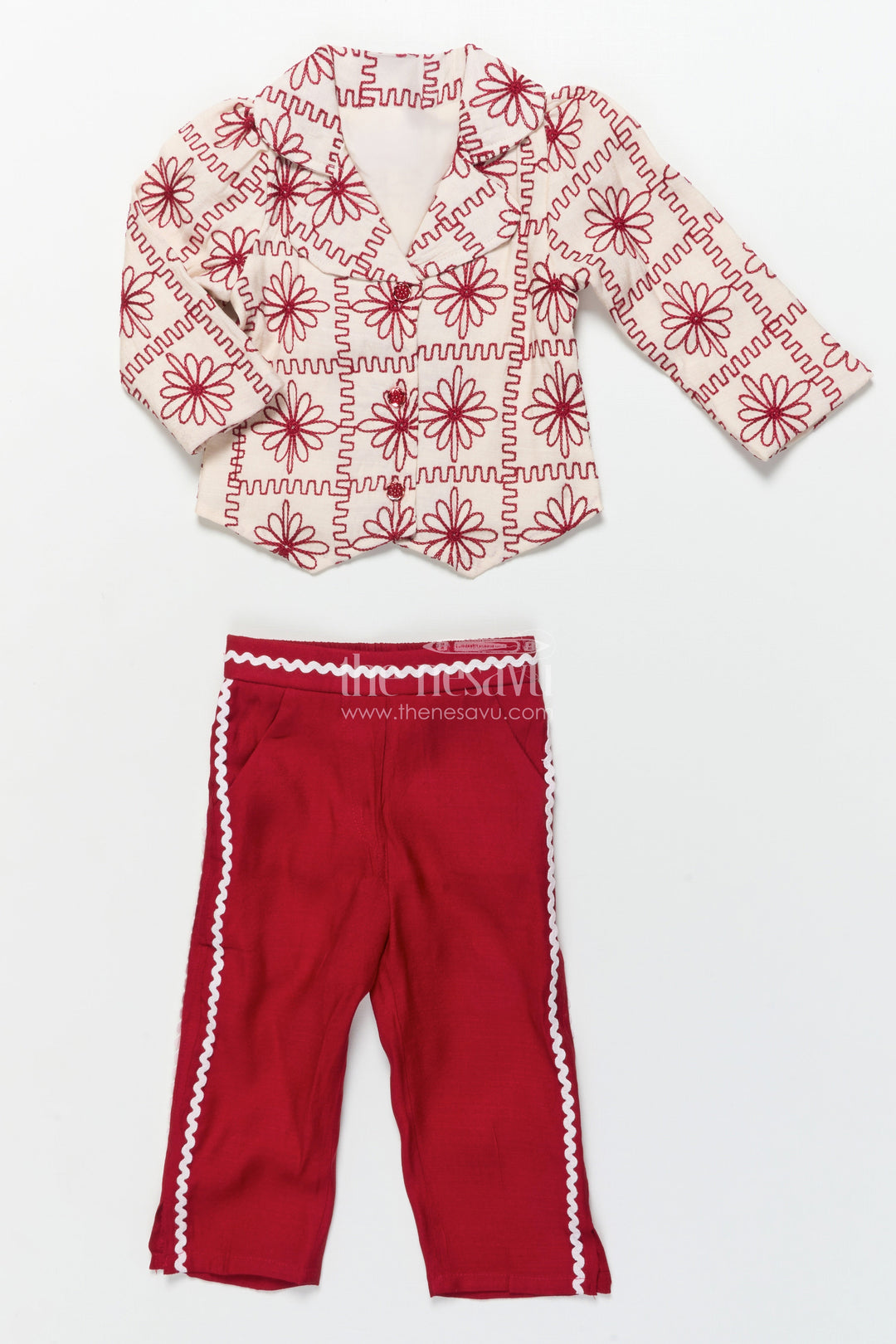 The Nesavu Girls Casual Set Girls Blazer Set for Birthday Parties and School Day Events Nesavu 18 (2Y) / Maroon GPS725B-18 Nesavu girls floral embroidered blazer set school events festive birthdays