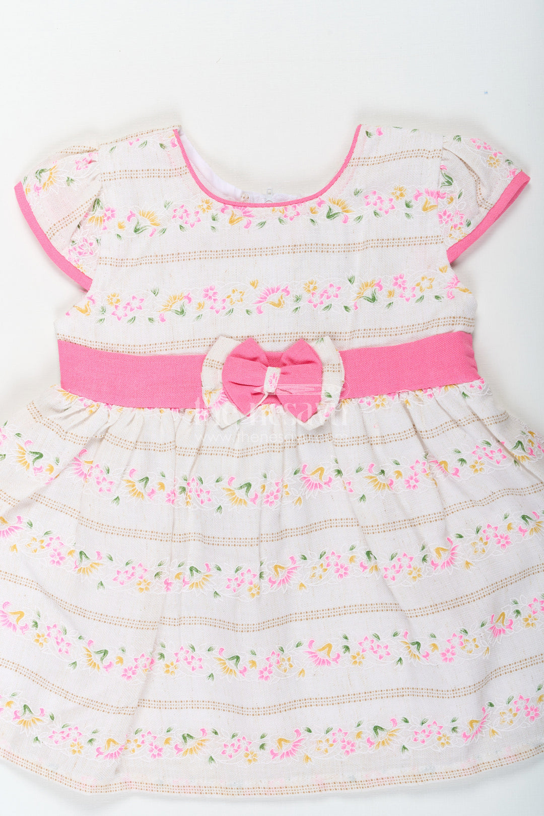 The Nesavu Baby Cotton Frocks Girls Blend Cotton Embroidered Modern Frock Dress with Puff Sleeves and Pink Bow Detailing Nesavu Embroidered Girls Modern Frock Dress Bow Belt Soft Cotton Blend Fabric | The Nesavu