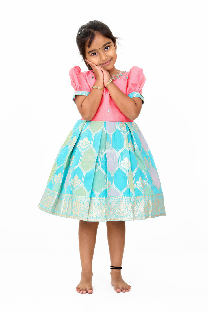 The Nesavu Silk Party Frock Girls Blend Silk Party Frock with Stone Embellished Neckline and Contrast Skirt Nesavu 16 (1Y) / Pink SF961A-16 Girls Blend Silk Party Frock Stone Embellished Neckline Brocade Skirt | The Nesavu