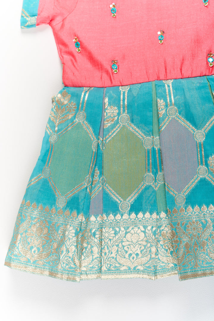 The Nesavu Silk Party Frock Girls Blend Silk Party Frock with Stone Embellished Neckline and Contrast Skirt Nesavu Girls Blend Silk Party Frock Stone Embellished Neckline Brocade Skirt | The Nesavu