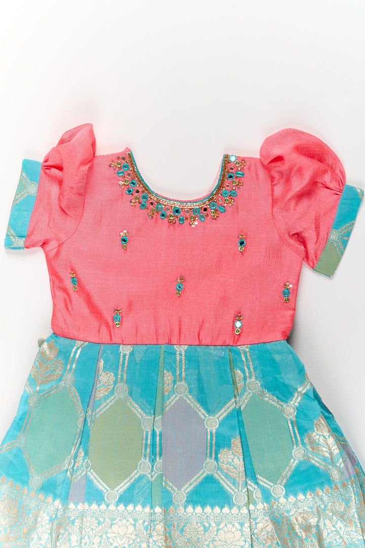 The Nesavu Silk Party Frock Girls Blend Silk Party Frock with Stone Embellished Neckline and Contrast Skirt Nesavu Girls Blend Silk Party Frock Stone Embellished Neckline Brocade Skirt | The Nesavu