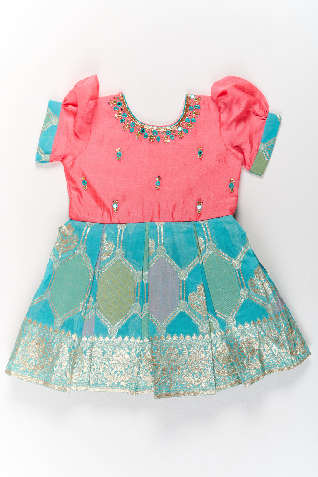 The Nesavu Silk Party Frock Girls Blend Silk Party Frock with Stone Embellished Neckline and Contrast Skirt Nesavu Girls Blend Silk Party Frock Stone Embellished Neckline Brocade Skirt | The Nesavu