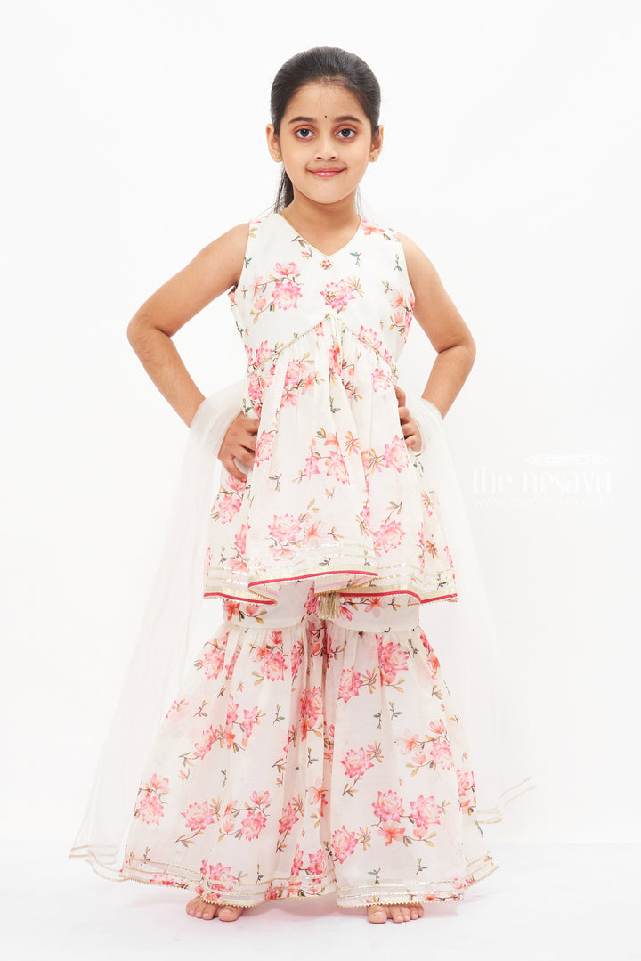 The Nesavu Girls Sharara / Plazo Set Girls Blossom Aliacut Kurti with Sharara Pants - A Floral Fantasy for Every Occasion Nesavu 16 (1Y) / White / Chanderi GPS282A-16 Shop Girls Floral Aliacut Kurti and Sharara Set | Perfect for All Festive Events | The Nesavu