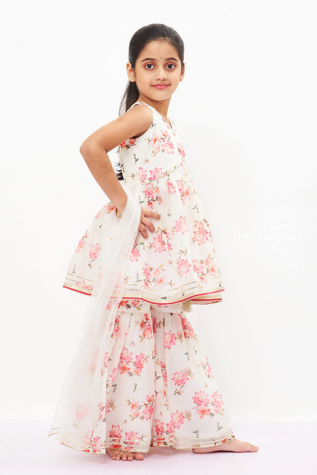 The Nesavu Girls Sharara / Plazo Set Girls Blossom Aliacut Kurti with Sharara Pants - A Floral Fantasy for Every Occasion Nesavu Shop Girls Floral Aliacut Kurti and Sharara Set | Perfect for All Festive Events | The Nesavu