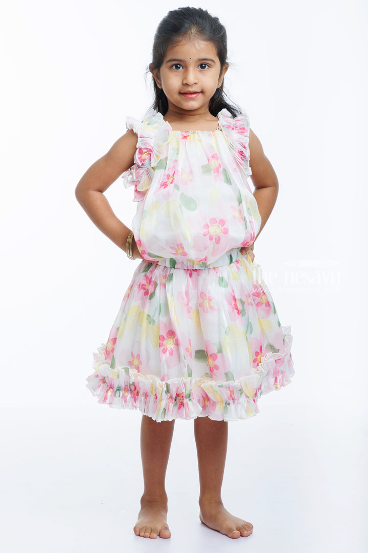 The Nesavu Baby Casual Sets Girls Blossom Pink Ruffle Top and Skirt Set - Playful Elegance Nesavu 18 (2Y) / Pink / Organza Printed BFJ538B-18 Chic Girls Pink Floral Ruffle Top and Skirt Set for Festive Fun | The Nesavu