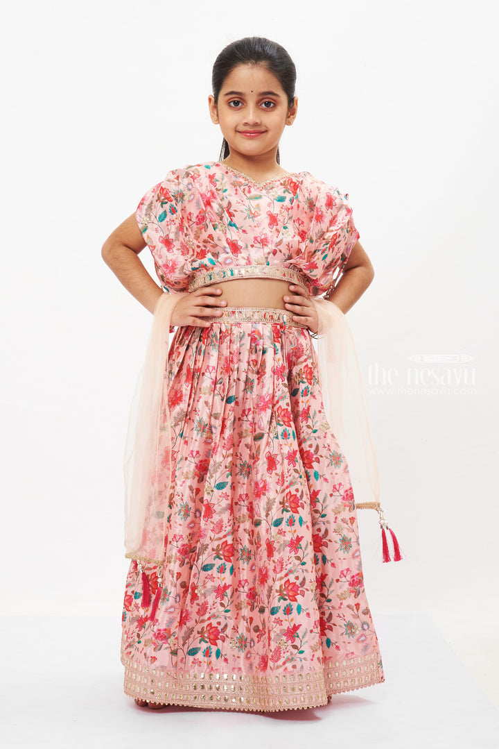 The Nesavu Girls Lehenga Choli Girls Blossoming Ghagra Choli with Tasseled Dupatta - Perfect for Eid and Spring Festivals Nesavu 16 (1Y) / Pink GL427A-16 Girls Floral Lacha Set with Dupatta | Celebrate Ugadi in Style | THe Nesavu