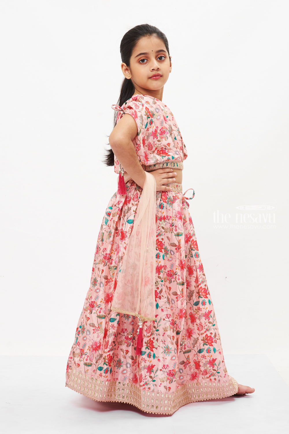 The Nesavu Girls Lehenga Choli Girls Blossoming Ghagra Choli with Tasseled Dupatta - Perfect for Eid and Spring Festivals Nesavu Girls Floral Lacha Set with Dupatta | Celebrate Ugadi in Style | THe Nesavu