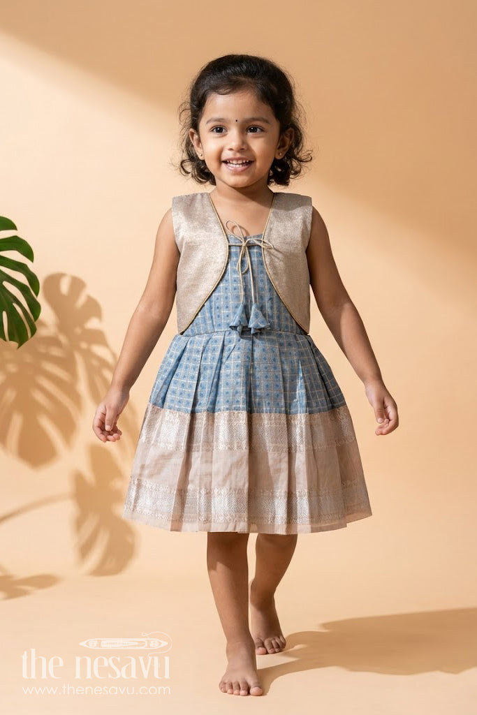 The Nesavu Girls Kanchi Silk Frock Girls Blue and Beige Semi Kanchivaram Silk Frock with Jacket Nesavu 14 (6M) / Gray / Style 1 SF1001AA-14 Nesavu girls blue and beige semi Kanchivaram silk frock with detachable brocade jacket
