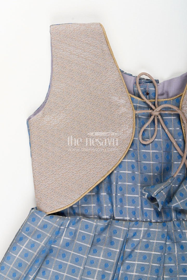 The Nesavu Girls Kanchi Silk Frock Girls Blue and Beige Semi Kanchivaram Silk Frock with Jacket Nesavu Nesavu girls blue and beige semi Kanchivaram silk frock with detachable brocade jacket