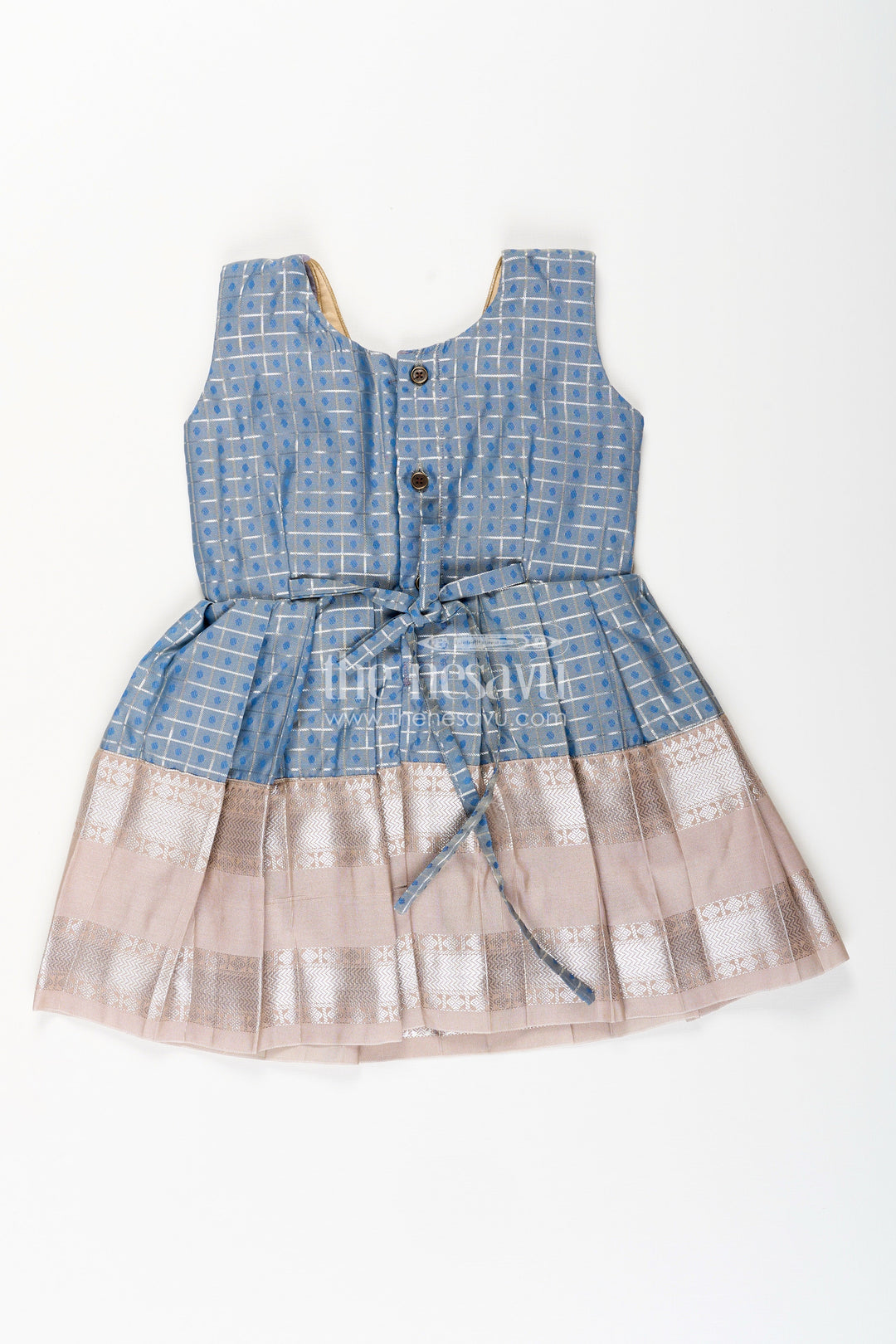 The Nesavu Girls Kanchi Silk Frock Girls blue and beige semi Kanchivaram silk frock with jacket Nesavu Nesavu girls blue and beige semi Kanchivaram silk frock with detachable brocade jacket