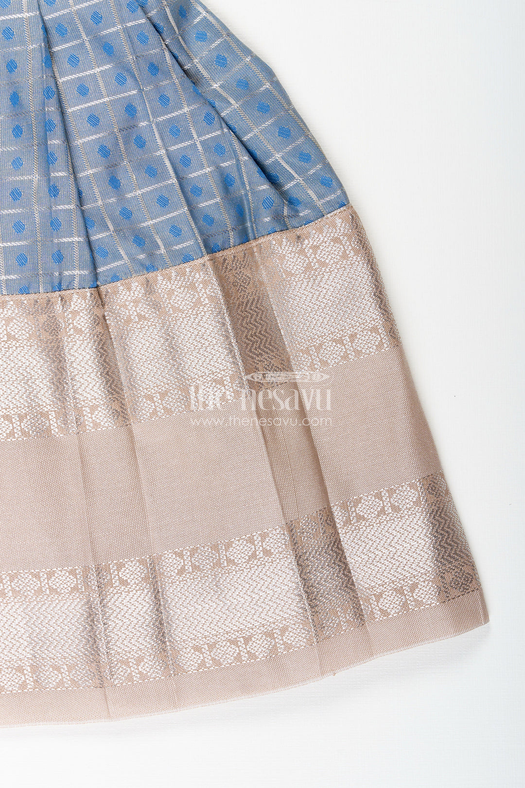 The Nesavu Girls Kanchi Silk Frock Girls blue and beige semi Kanchivaram silk frock with jacket Nesavu Nesavu girls blue and beige semi Kanchivaram silk frock with detachable brocade jacket