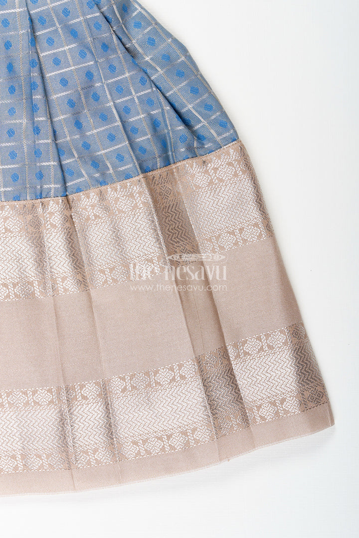 The Nesavu Girls Kanchi Silk Frock Girls blue and beige semi Kanchivaram silk frock with jacket Nesavu Nesavu girls blue and beige semi Kanchivaram silk frock with detachable brocade jacket