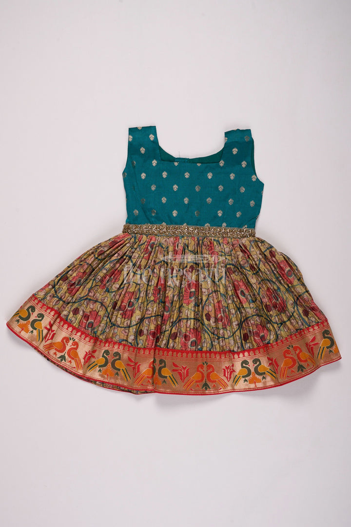The Nesavu Silk Frock Girls Blue and Multicolor Pleated Silk Frock Type Dress with Bird Motif Hem Nesavu Nesavu Girls Blue Silk Frock Type Dress Pleated Floral Skirt Bird Motif Border