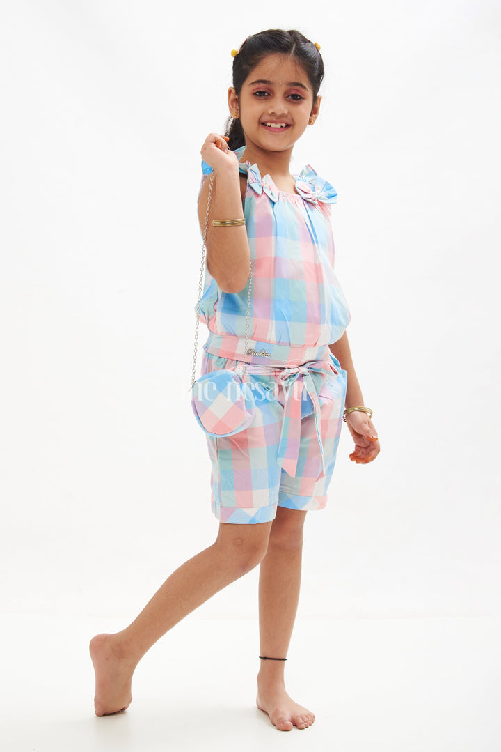 The Nesavu Baby Casual Sets Girls' Blue and Peach Madras Checked Crop Top and Shorts Set Nesavu 16 (1Y) / multicolor GFC1356B-16