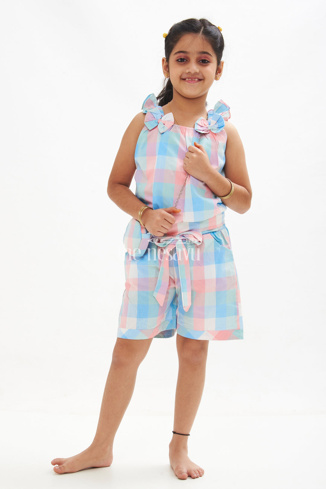 The Nesavu Baby Casual Sets Girls' Blue and Peach Madras Checked Crop Top and Shorts Set Nesavu