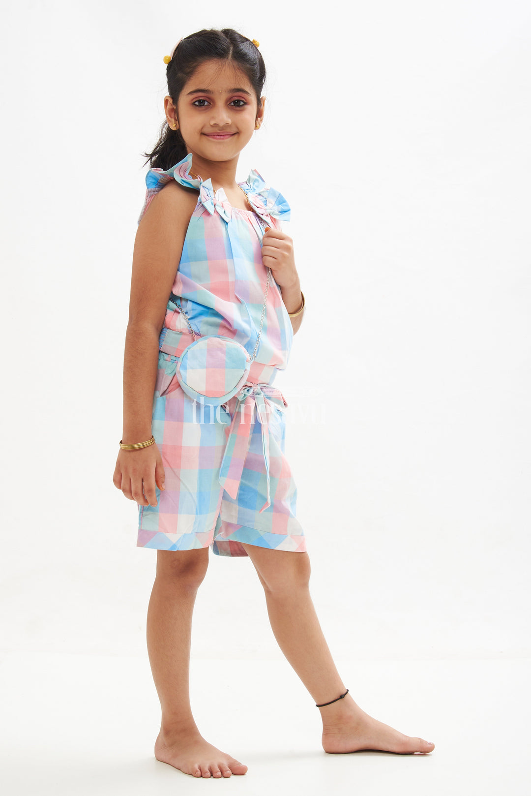 The Nesavu Baby Casual Sets Girls' Blue and Peach Madras Checked Crop Top and Shorts Set Nesavu