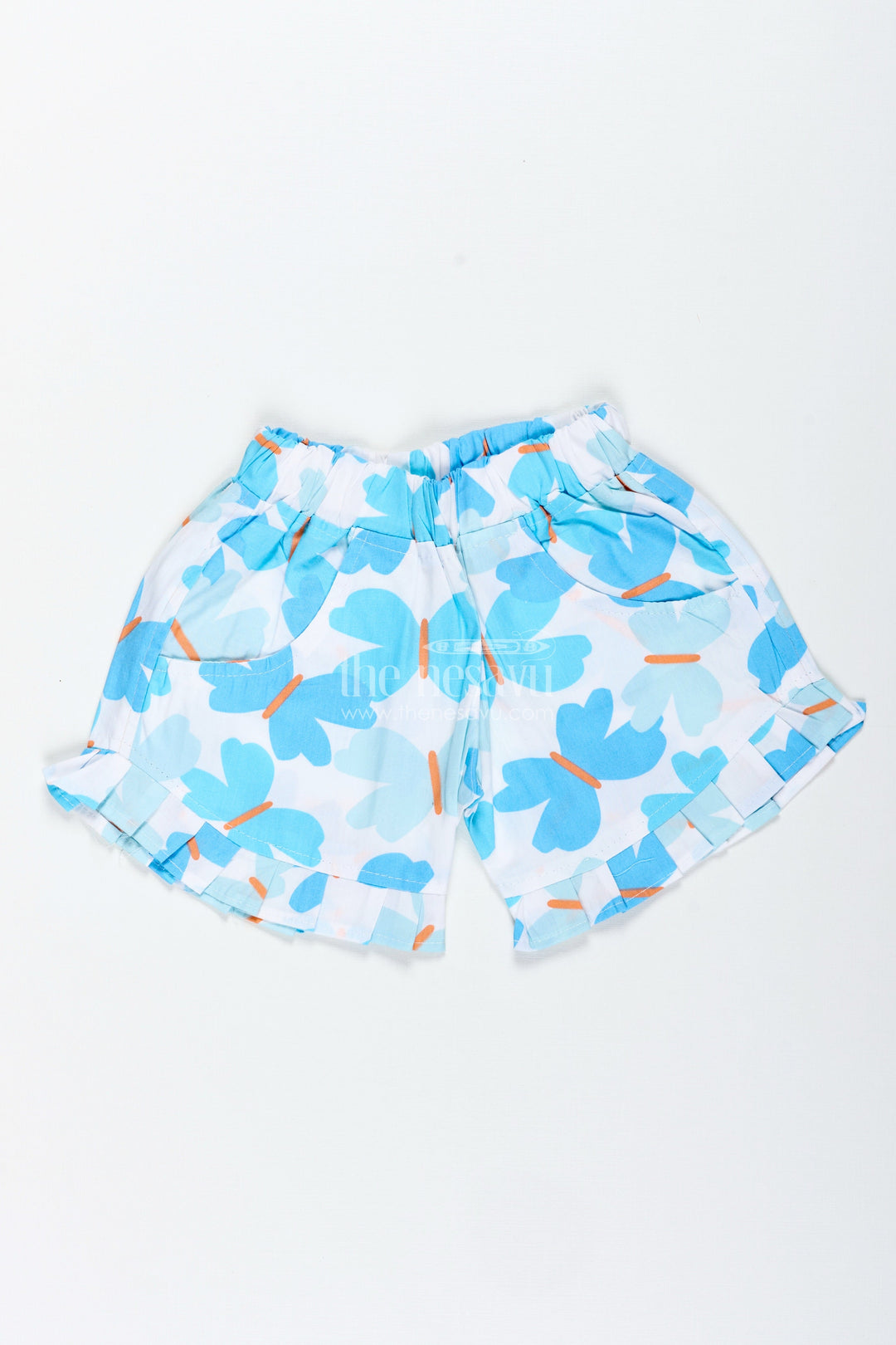 The Nesavu Girls Shorts Girls Blue Butterfly Print Cotton Shorts for Summer Fun Nesavu 22 (4Y) / Blue LBW050A-22 Nesavu Girls Blue Butterfly Cotton Shorts Summer Play School Casual Day Wear