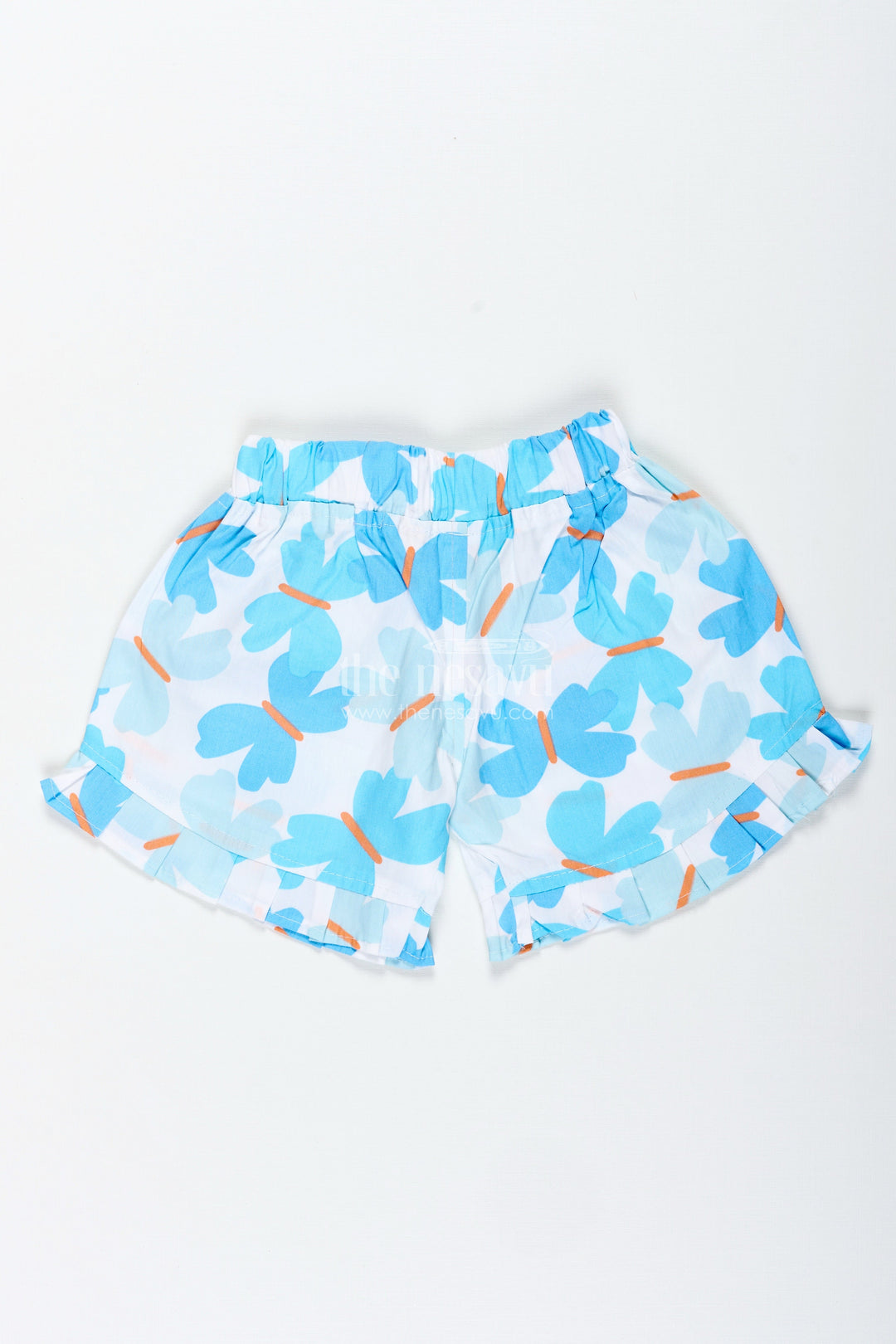 The Nesavu Girls Shorts Girls Blue Butterfly Print Cotton Shorts for Summer Fun Nesavu Nesavu Girls Blue Butterfly Cotton Shorts Summer Play School Casual Day Wear