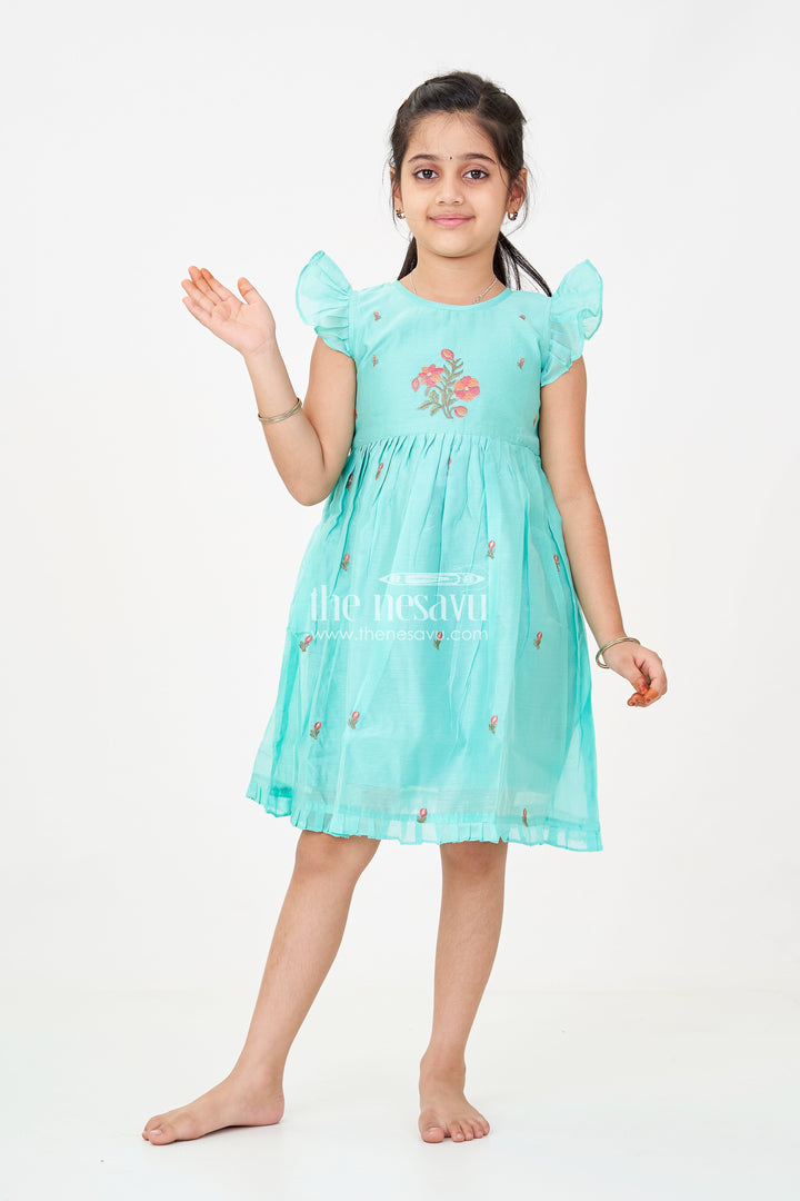 The Nesavu Girls Chanderi Frock Girls Blue Colour Frock Suit in Chanderi with Bold Floral Embroidery and Elegant Flutter Sleeves Nesavu 16 (1Y) / Blue GFC1726A-16 Girls Blue Colour Frock Suit Chanderi Fabric Bold Floral Embroidery Flutter Sleeves | The Nesavu