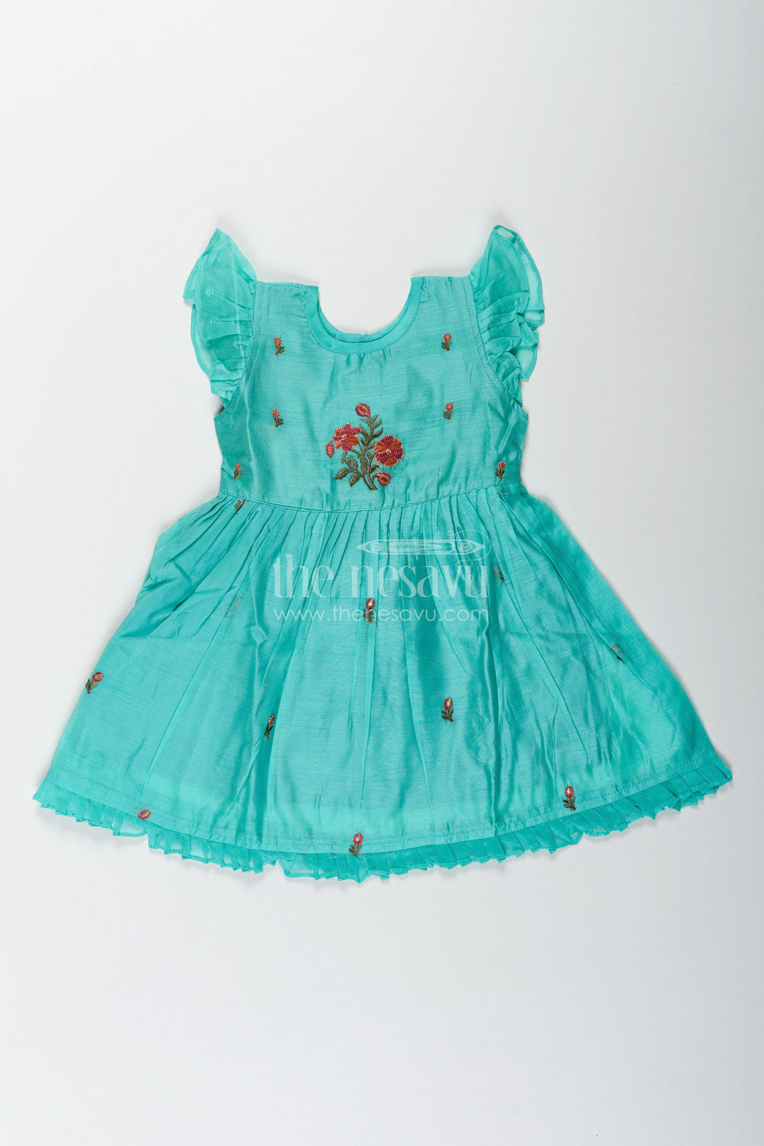 The Nesavu Girls Chanderi Frock Girls Blue Colour Frock Suit in Chanderi with Bold Floral Embroidery and Elegant Flutter Sleeves Nesavu Girls Blue Colour Frock Suit Chanderi Fabric Bold Floral Embroidery Flutter Sleeves | The Nesavu