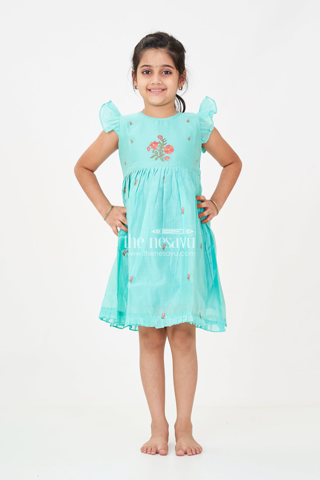 The Nesavu Girls Chanderi Frock Girls Blue Colour Frock Suit in Chanderi with Bold Floral Embroidery and Elegant Flutter Sleeves Nesavu Girls Blue Colour Frock Suit Chanderi Fabric Bold Floral Embroidery Flutter Sleeves | The Nesavu