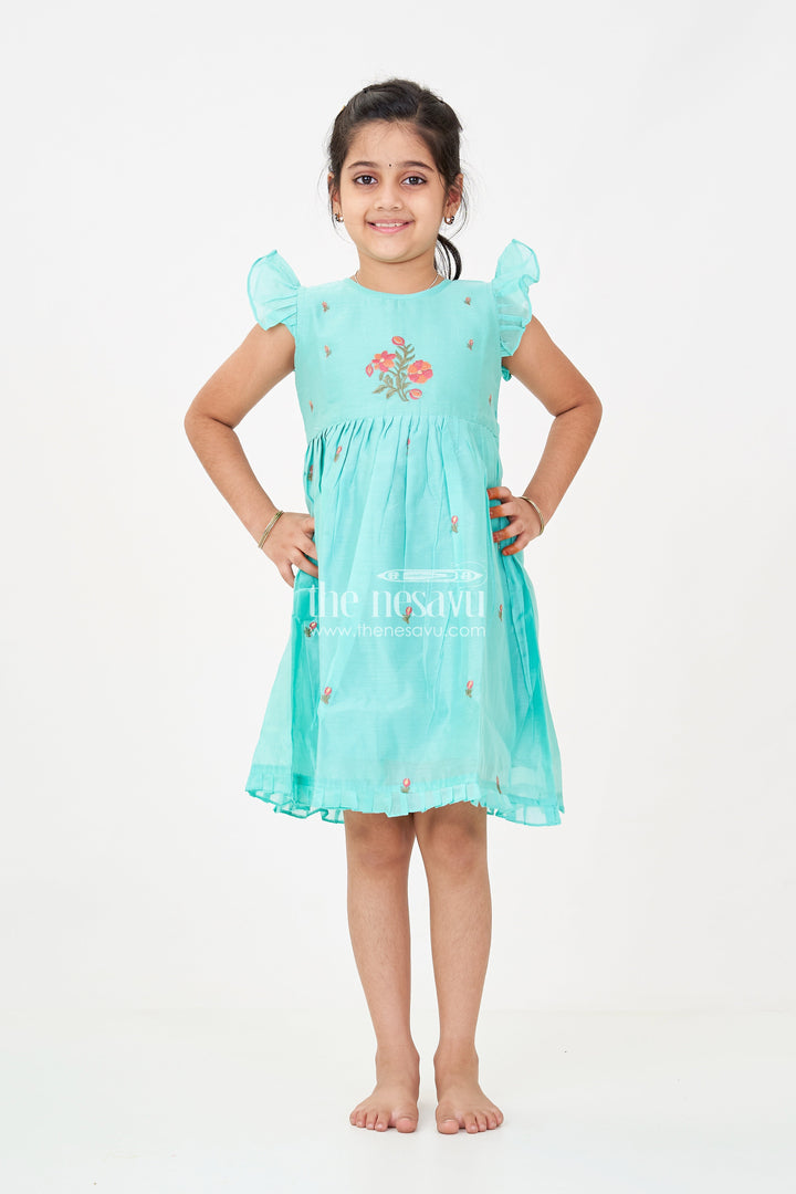 The Nesavu Girls Chanderi Frock Girls Blue Colour Frock Suit in Chanderi with Bold Floral Embroidery and Elegant Flutter Sleeves Nesavu Girls Blue Colour Frock Suit Chanderi Fabric Bold Floral Embroidery Flutter Sleeves | The Nesavu