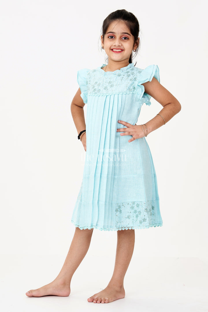 The Nesavu Girls Cotton Frock Girls Blue Colour Frock with Embroidery and Pleated Design for Casual and Festive Wear Nesavu 22 (4Y) / Green GFC1646A-22 Nesavu Girls Blue Colour Cotton Frock Embroidery Pleated Skirt Festive Wear