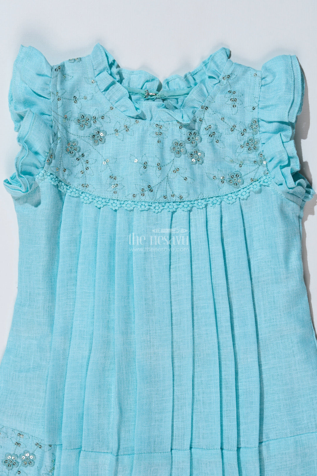 The Nesavu Girls Cotton Frock Girls Blue Colour Frock with Embroidery and Pleated Design for Casual and Festive Wear Nesavu Girls Blue Colour Cotton Frock Embroidery Pleated Skirt Festive Wear | The Nesavu